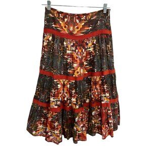 Mix Nouveau Bohemian Style Tiered Cotton Skirt Size 4 Multicolor Red Accents